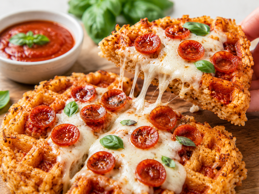 Crispy rice waffle pizzas topped with tomato sauce, melted mozzarella, mini pepperoni, and fresh basil.