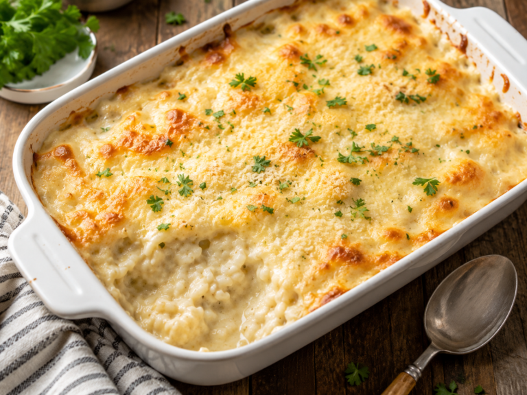 Creamy Pantry Alfredo Rice Bake with a golden melted cheese topping and fresh parsley.