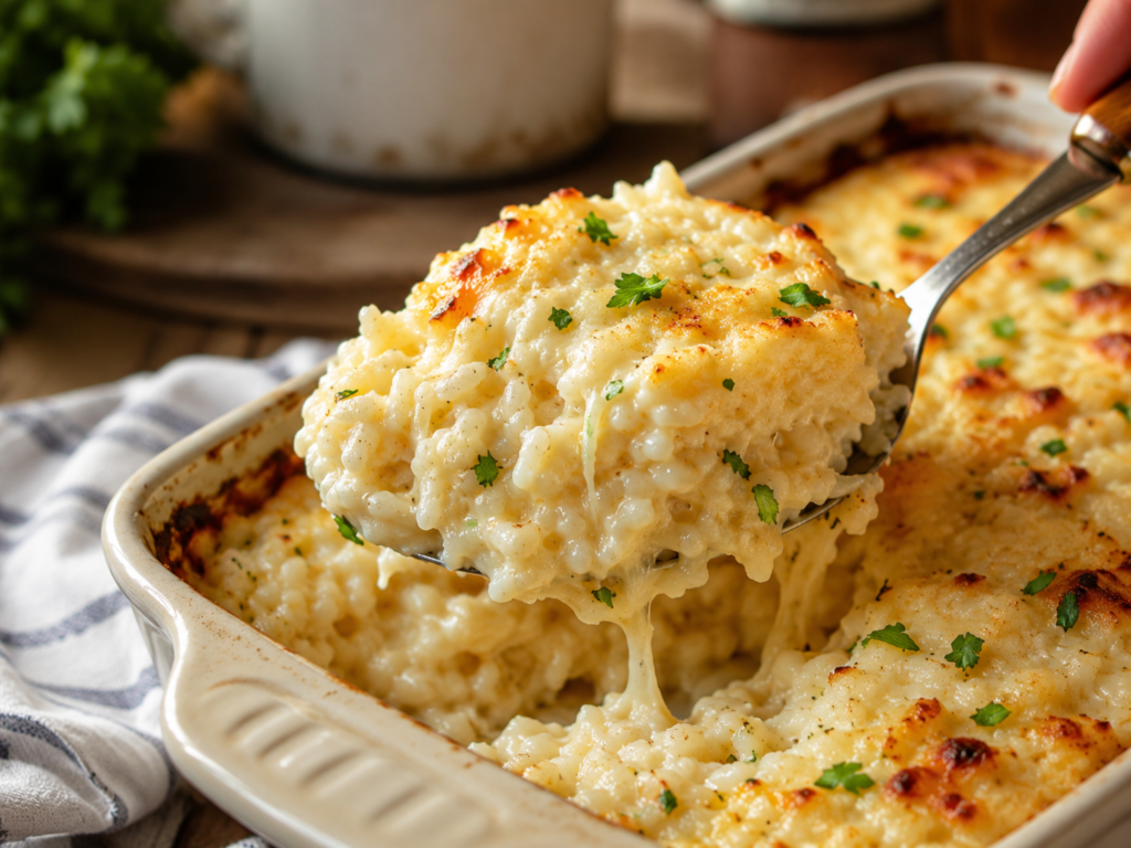 A spoon lifting a creamy serving of Alfredo rice bake with melted cheese and parsley.