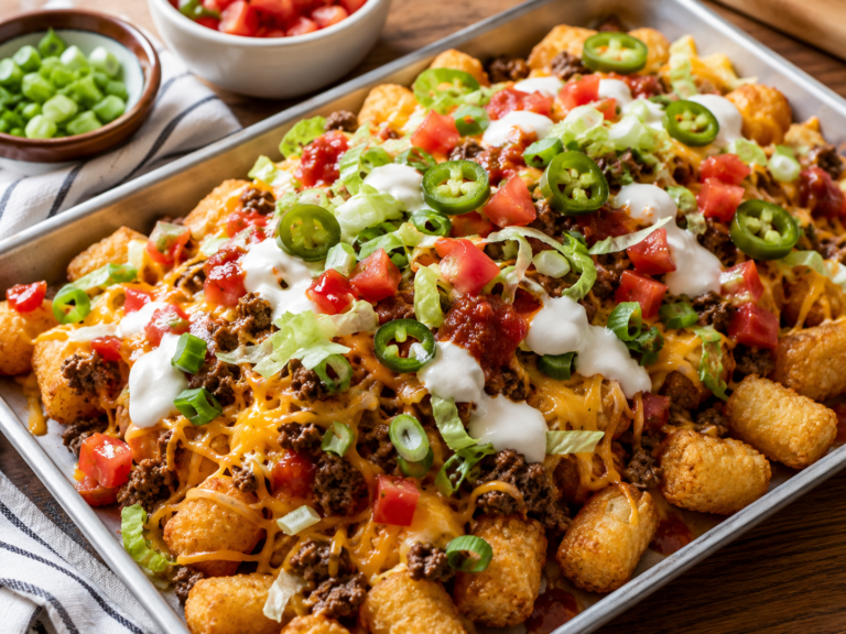 Loaded taco totchos made with crispy tater tots, seasoned ground beef, melted cheese, lettuce, tomatoes, jalapeños, sour cream, and salsa.