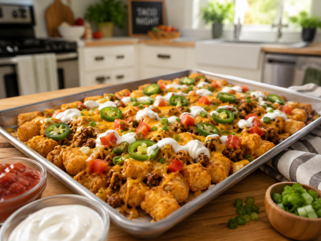 Sheet pan taco totchos topped with ground beef, cheddar cheese, tomatoes, jalapeños, green onions, and sour cream in a bright kitchen.