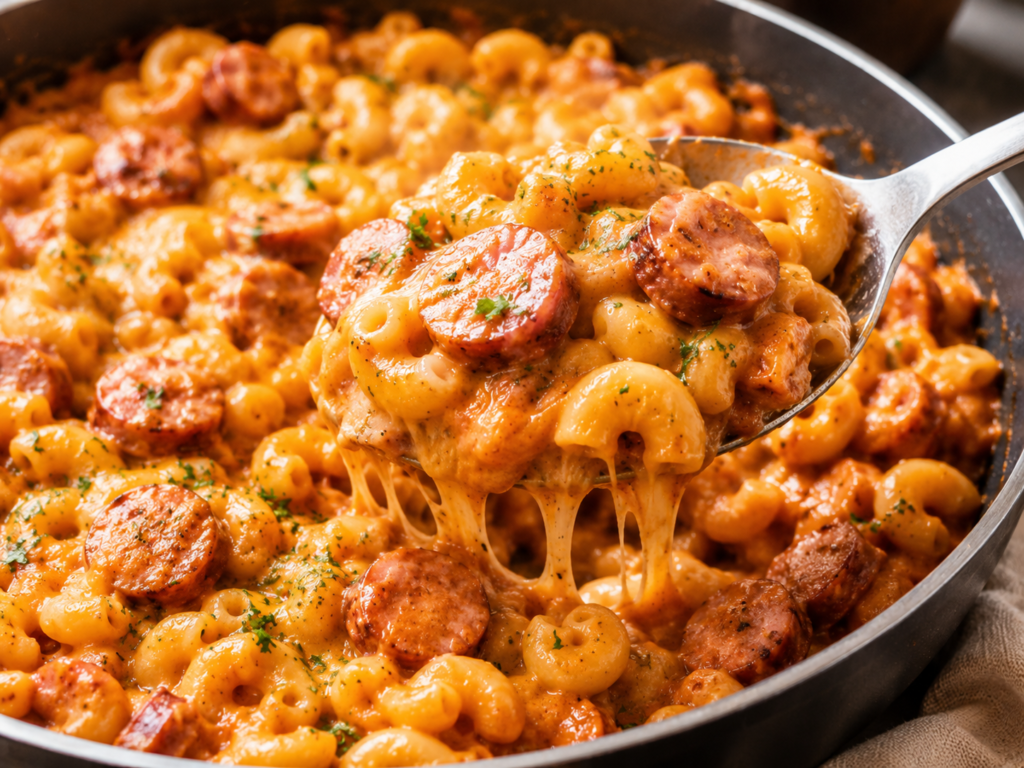 Spoonful of cheesy hot dog pasta lifted from a skillet with sliced hot dogs and creamy tomato cheddar sauc