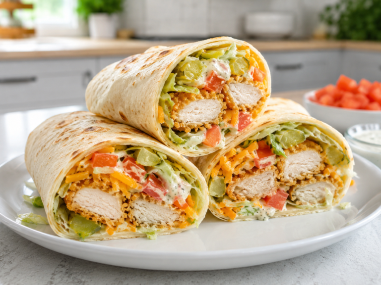 Crispy Chicken Nugget Wraps on a plate with golden chicken nuggets, lettuce, cheese, tomatoes, pickles, and creamy sauce inside soft tortillas