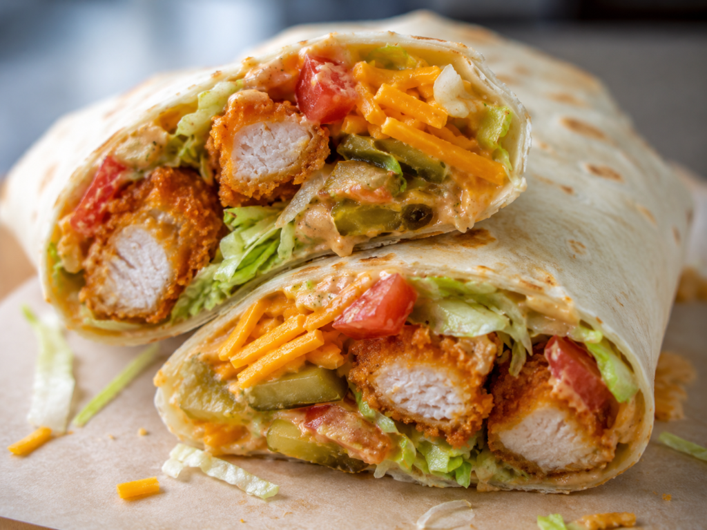 Close-up of a crispy chicken nugget wrap sliced in half with lettuce, cheese, tomatoes, pickles, and creamy sauce visible inside