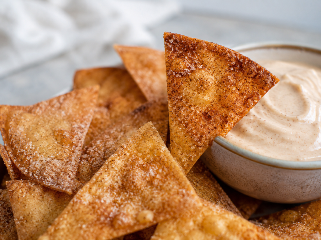 Close-up of crispy cinnamon sugar tortilla chips with a golden coating served beside a small bowl of sweet dipping sauce