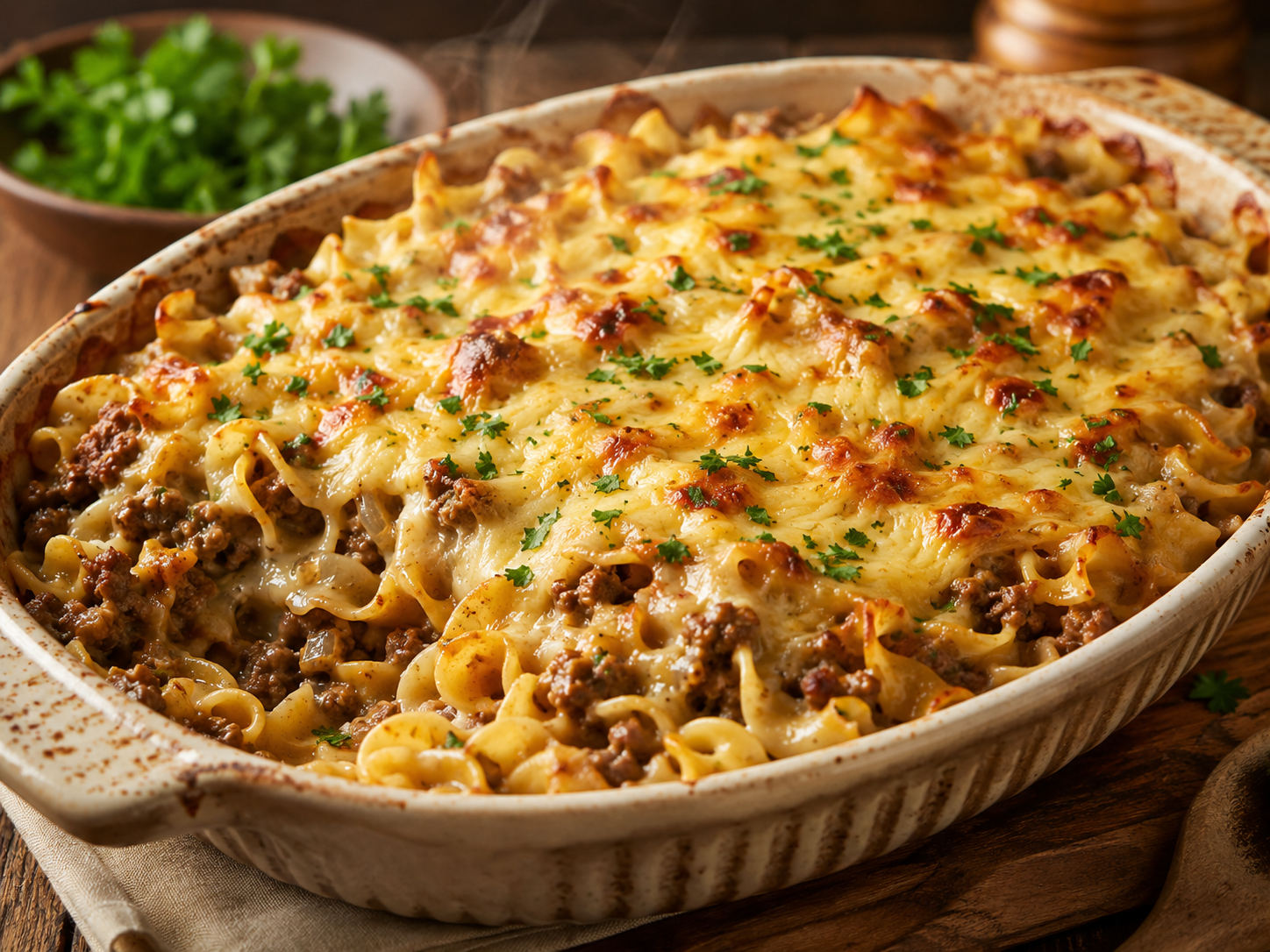 Serving of French onion beef noodle casserole lifted from a plate with melted cheese stretching over beef, onions, and noodles.