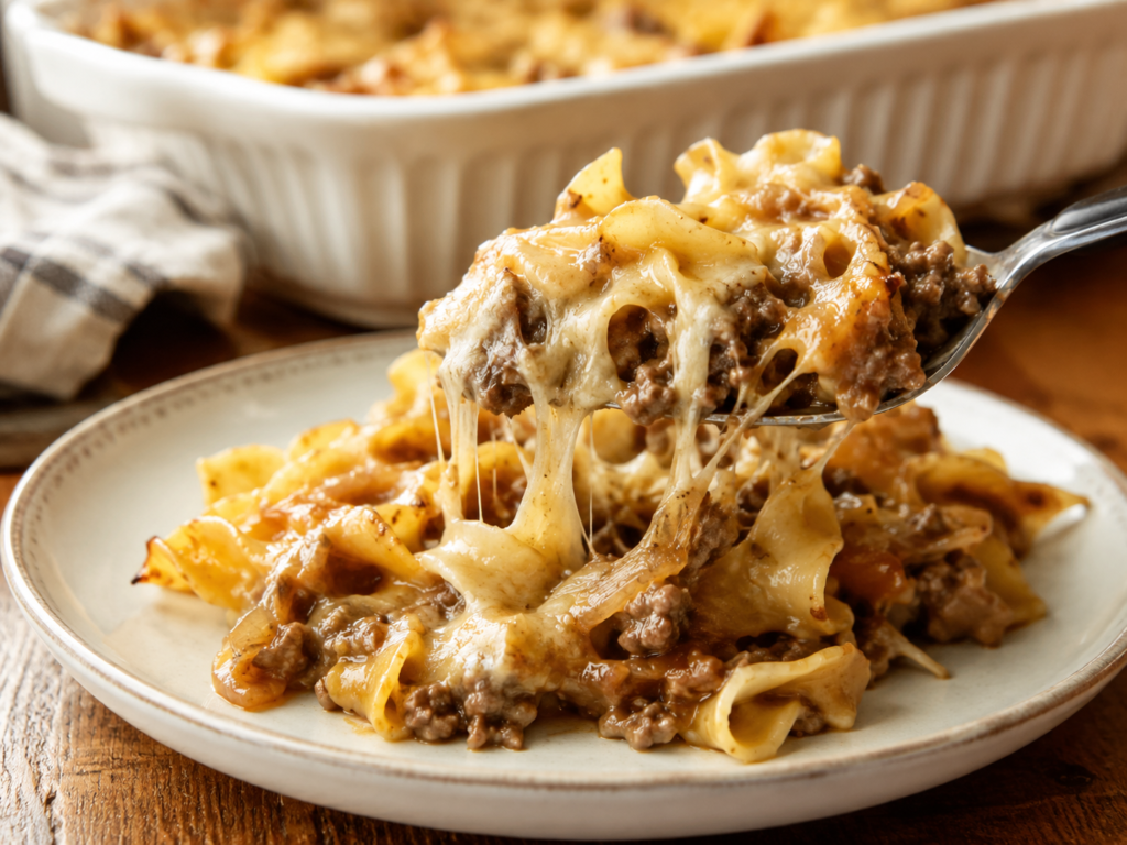 French onion beef noodle bake with ground beef, tender noodles, caramelized onions, melted cheese, and a golden baked topping.