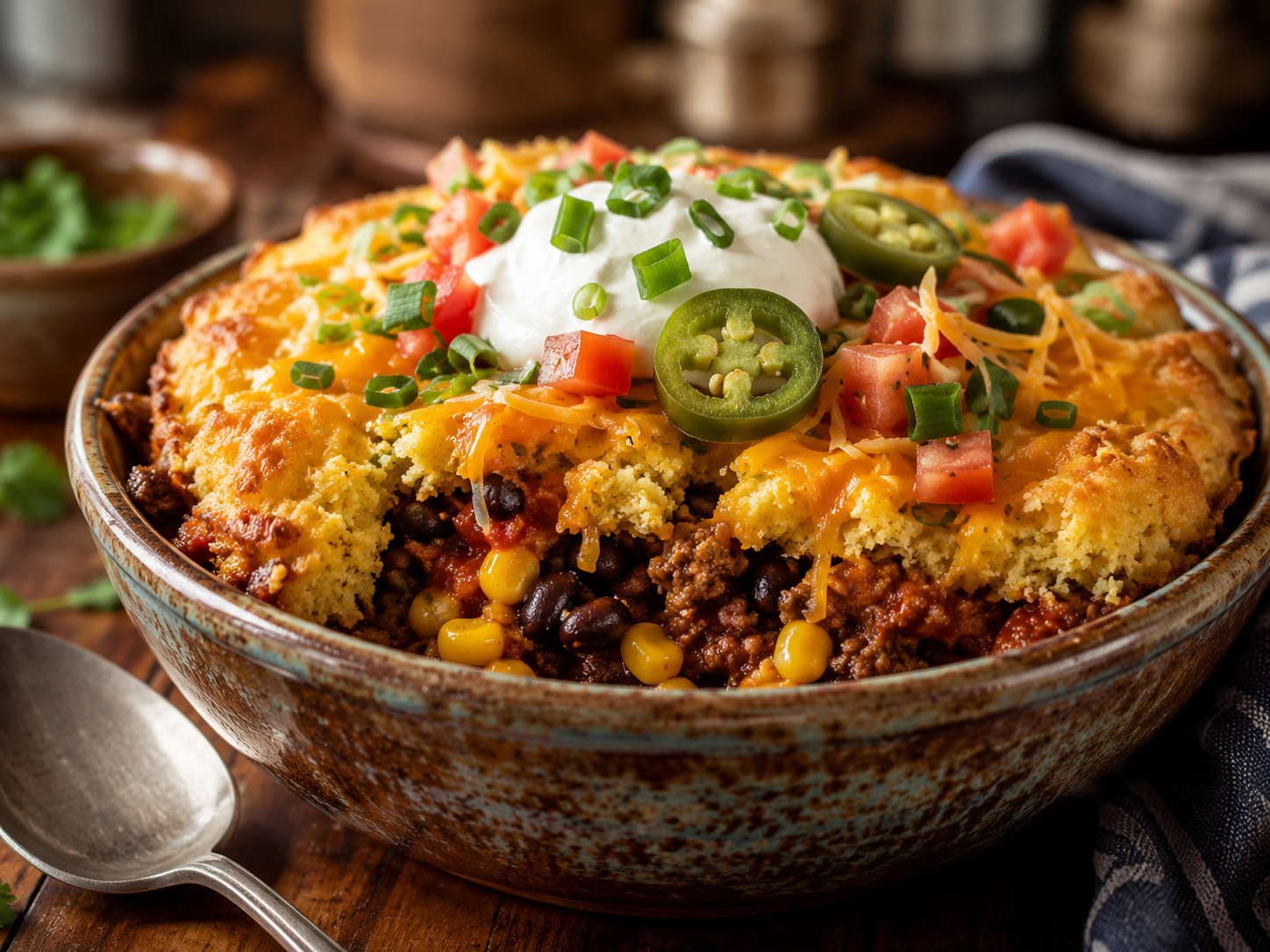 Cheesy cornbread taco bowl with seasoned beef, black beans, corn, melted cheddar, sour cream, tomatoes, green onions, and jalapeños.