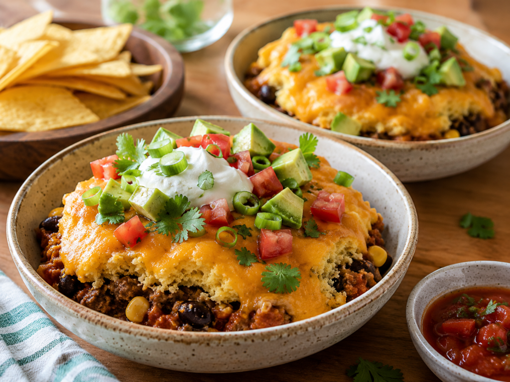 Two cheesy cornbread taco bowls topped with avocado, sour cream, diced tomatoes, cilantro, and green onions beside tortilla chips and salsa.