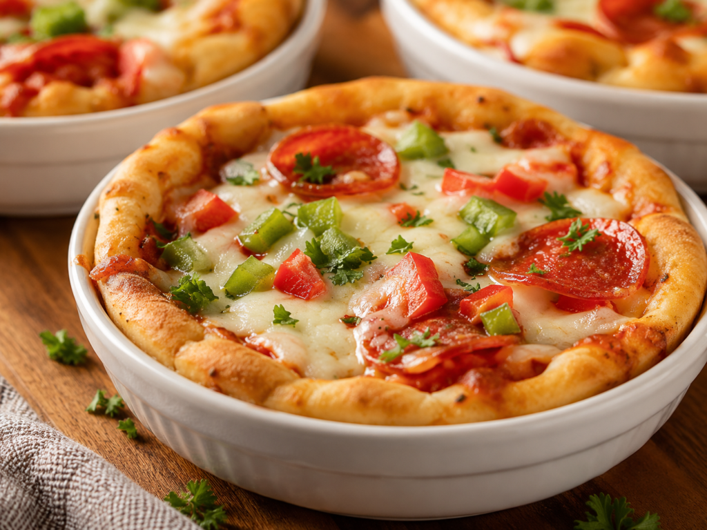 Individual biscuit crust pizza bowl filled with pizza sauce, melted mozzarella, pepperoni, diced bell peppers, and fresh parsley.