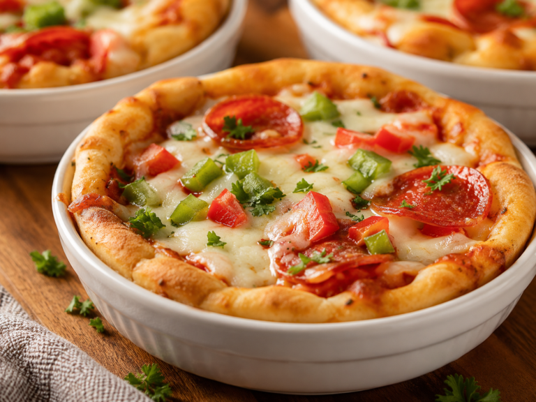 Individual biscuit crust pizza bowl filled with pizza sauce, melted mozzarella, pepperoni, diced bell peppers, and fresh parsley.