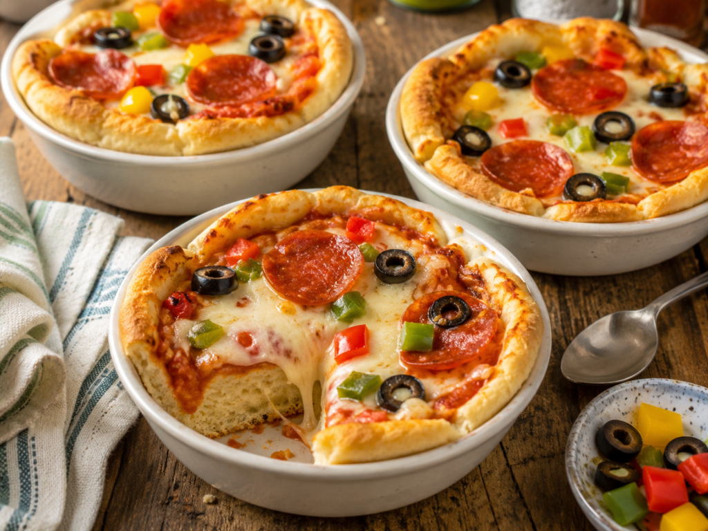 Three individual biscuit pizza bowls topped with melted cheese, pepperoni, black olives, and colorful bell peppers.
