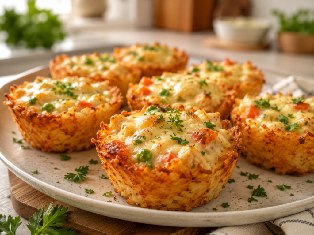Golden-brown crispy rice casserole cups filled with creamy chicken, vegetables, and melted cheese, garnished with fresh parsley.
