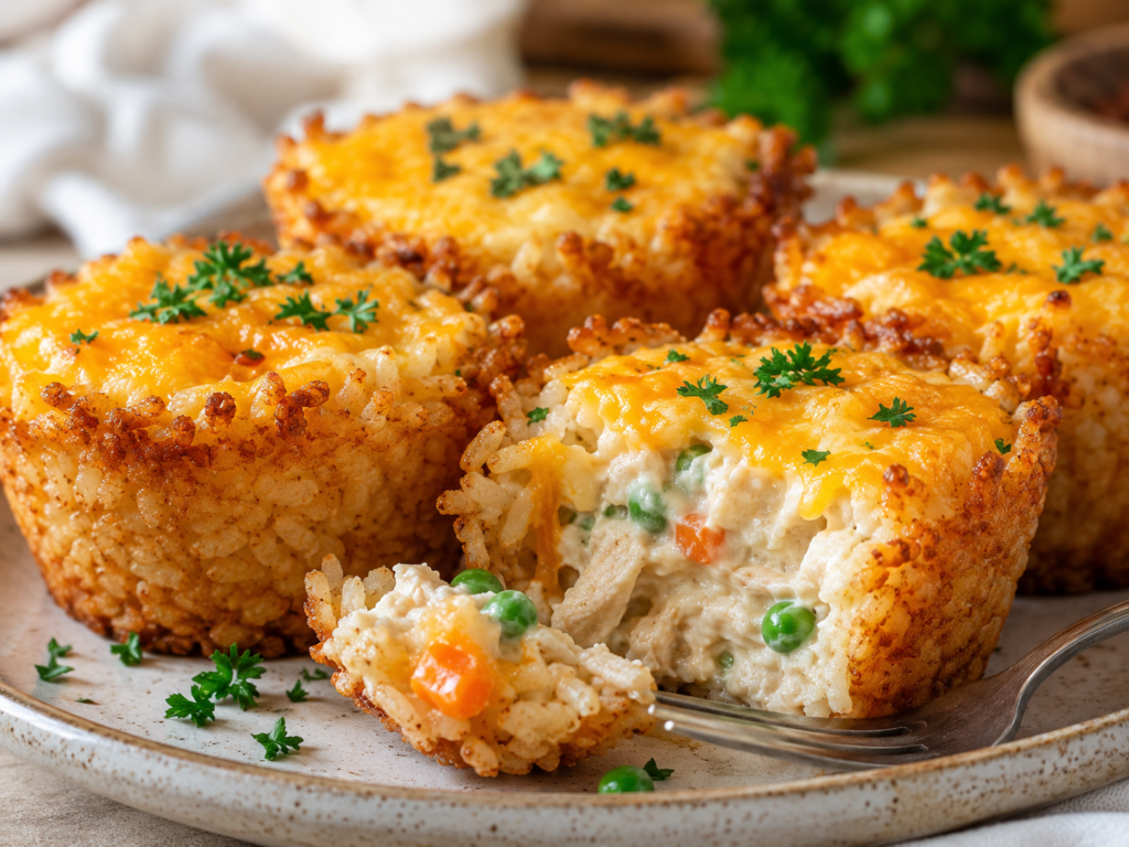 Crispy rice casserole cup cut open to reveal creamy chicken, peas, carrots, and melted cheese inside a golden rice crust.