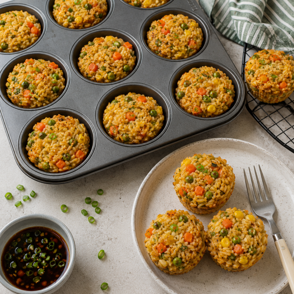 Frozen vegetable fried rice muffins baked in a muffin tin with peas, carrots, corn, rice, and green onions.
