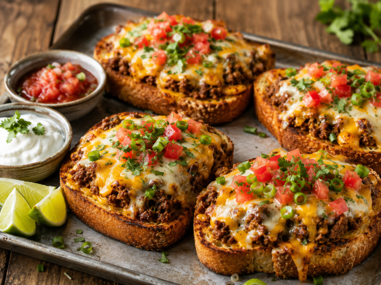 Open-faced garlic toast topped with seasoned taco beef, melted cheese, diced tomatoes, green onions, and cilantro.