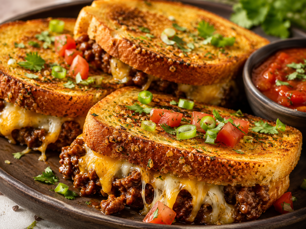 Crispy garlic toast sandwiches filled with seasoned ground beef, melted cheese, tomatoes, green onions, and cilantro.
