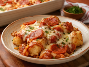 Pepperoni biscuit pizza bake with golden biscuit pieces, pizza sauce, melted mozzarella, pepperoni, and Italian herbs.