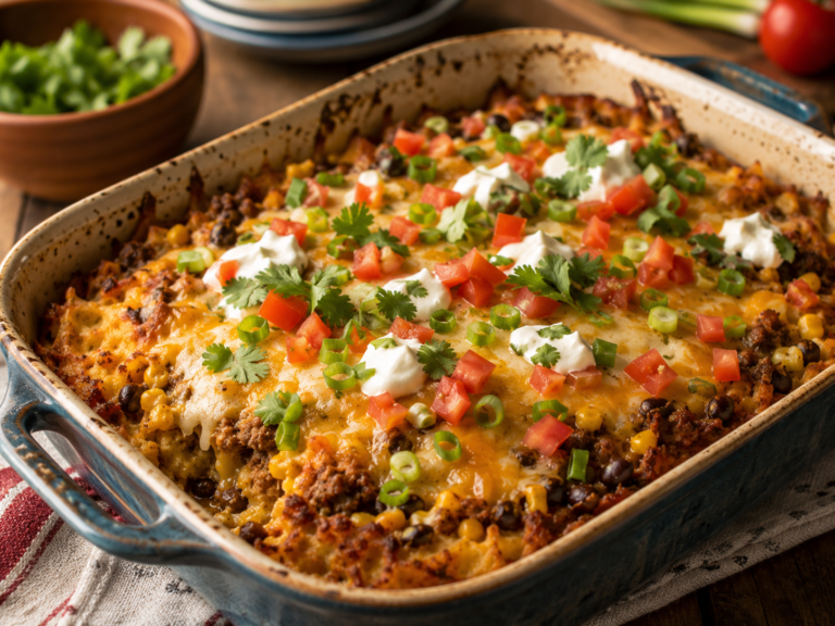 Loaded hash brown enchilada bake with seasoned beef, black beans, corn, melted cheese, tomatoes, green onions, cilantro, and sour cream.
