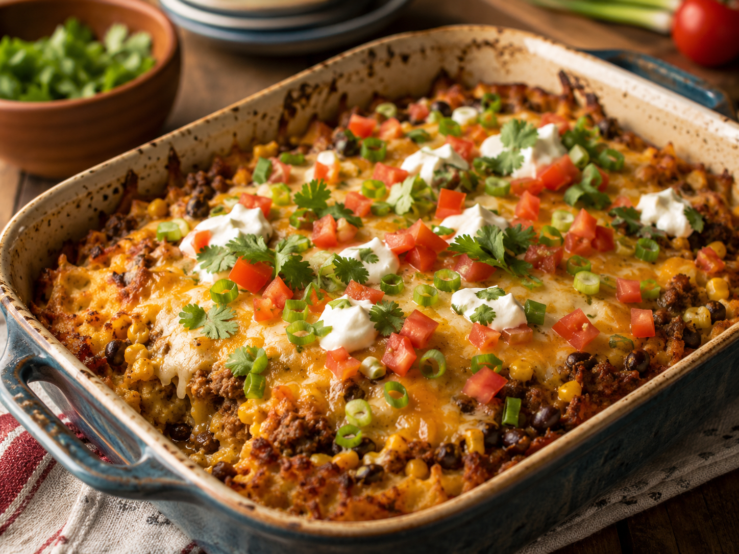 Loaded hash brown enchilada bake with seasoned beef, black beans, corn, melted cheese, tomatoes, green onions, cilantro, and sour cream.