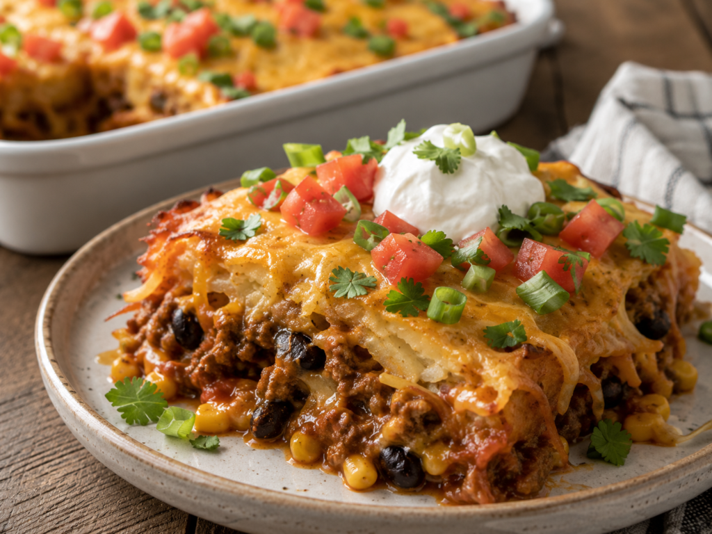 Plated hash brown enchilada casserole with beef, black beans, corn, melted cheese, tomatoes, green onions, cilantro, and sour cream.