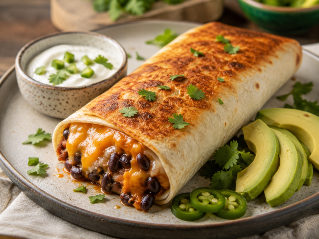 Bean and cheese burrito cut open to show refried beans and melted cheese