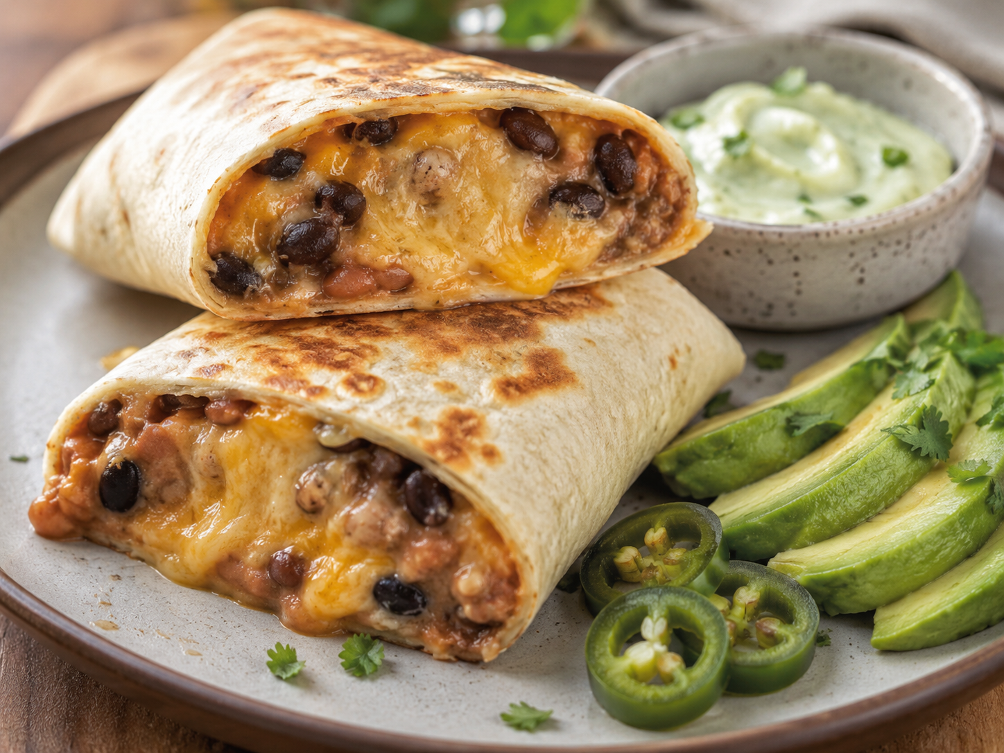 Bean and cheese burritos served with jalapeños, sour cream, and sliced avocado