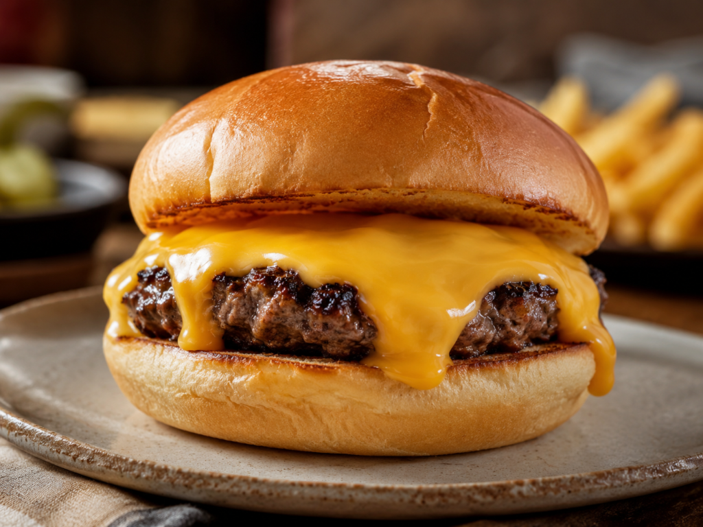 Close-up of melted Velveeta cheese covering a seasoned hamburger patty