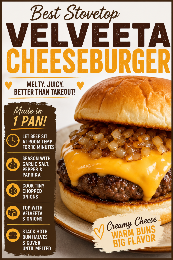 Stovetop cheeseburger topped with melted Velveeta and finely chopped onions