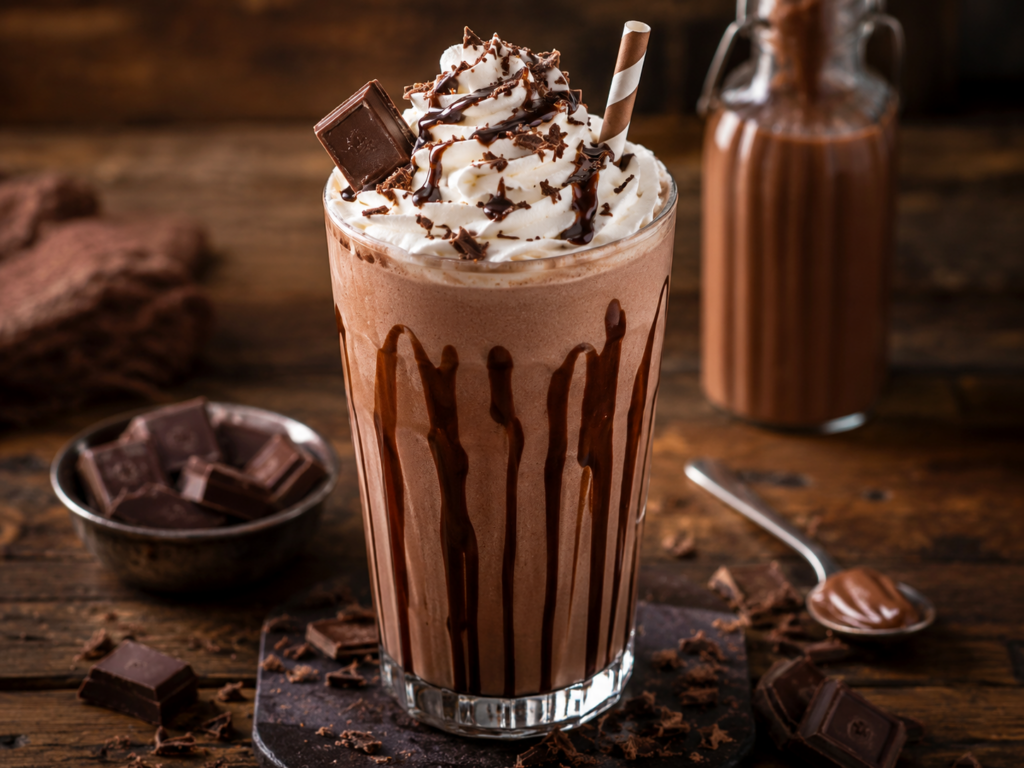 Chocolate shake served beside a cheeseburger and french fries