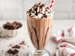 Creamy secret recipe chocolate shake served in a tall glass