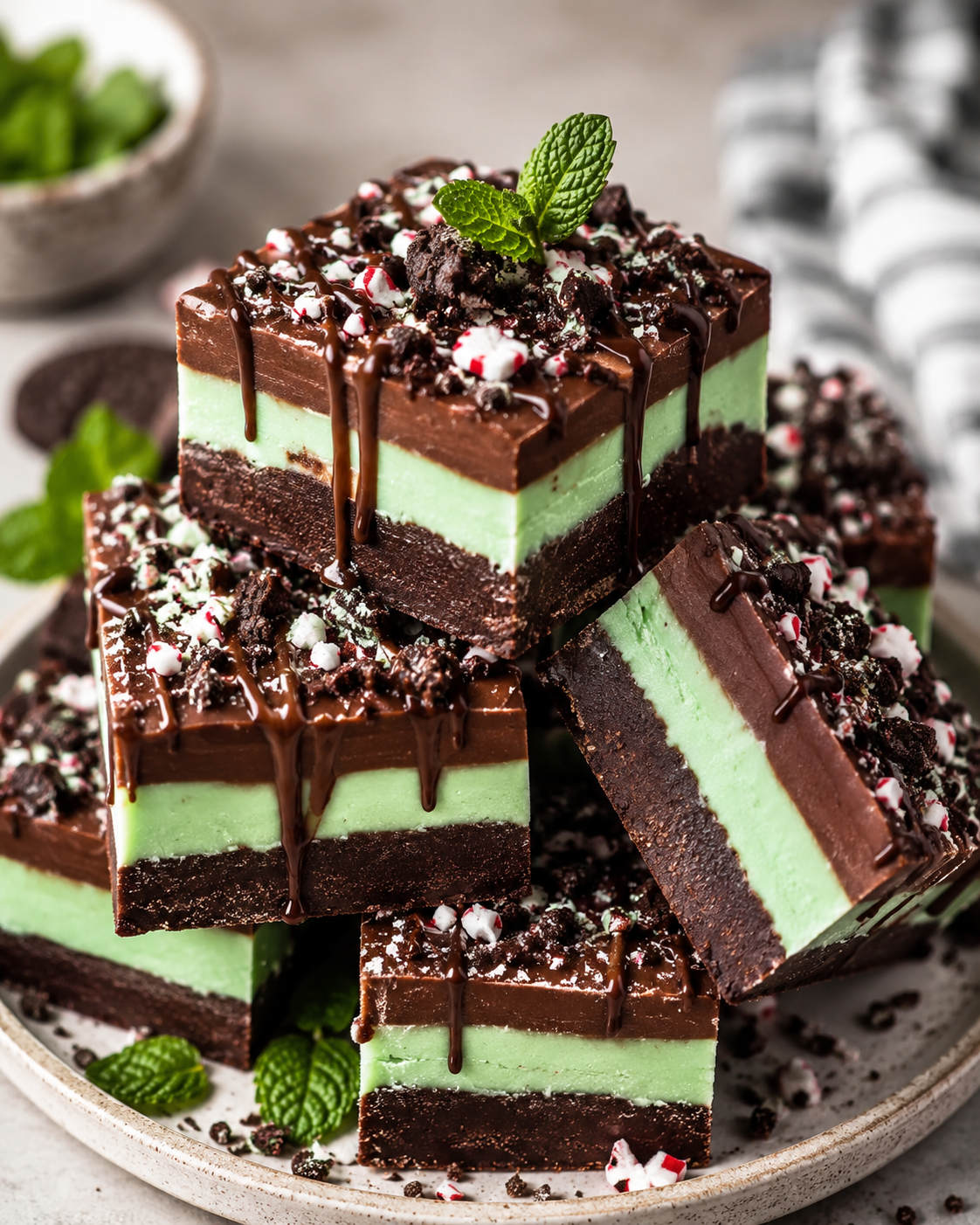 ray of three-layer mint chocolate fudge bars topped with chocolate drizzle, crushed cookies, mint candy pieces, and fresh mint leaves.