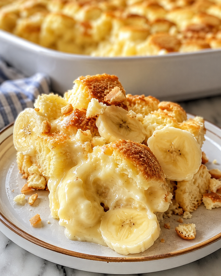 Banana pudding biscuit bake with golden biscuits, creamy vanilla pudding, sliced bananas, and crushed vanilla wafers.