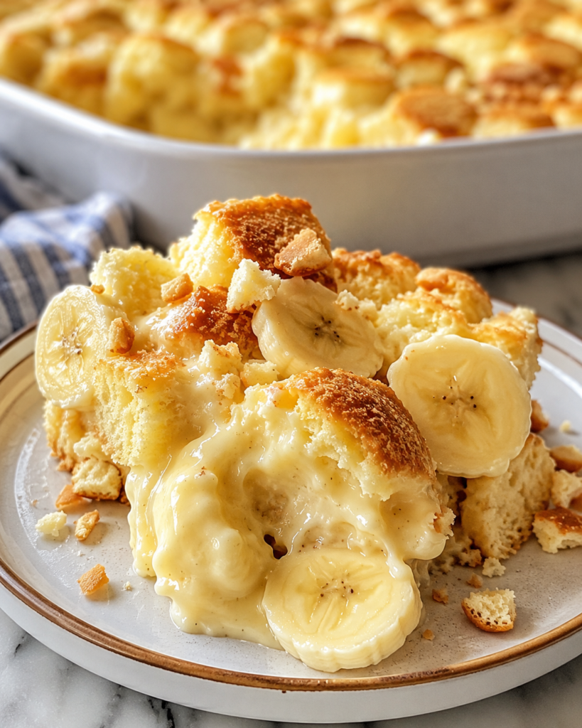 Banana pudding biscuit bake with golden biscuits, creamy vanilla pudding, sliced bananas, and crushed vanilla wafers.