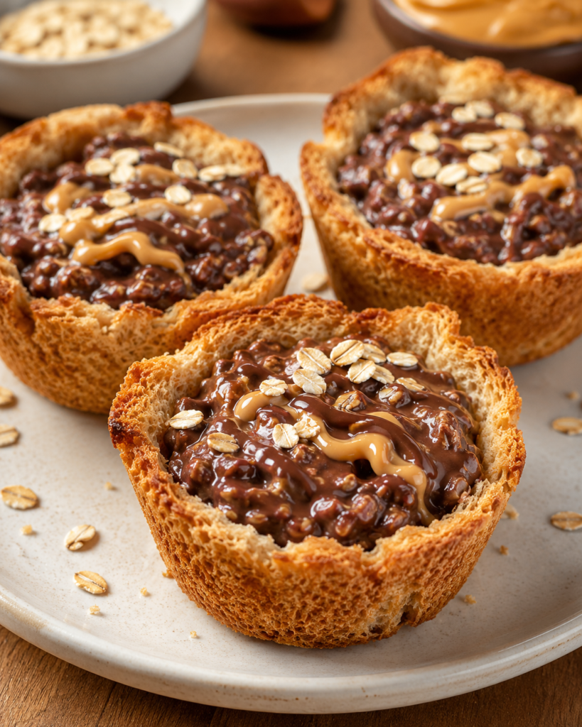 Golden toast cups filled with chocolate oats and creamy peanut butter, topped with oat flakes and peanut butter drizzle.
