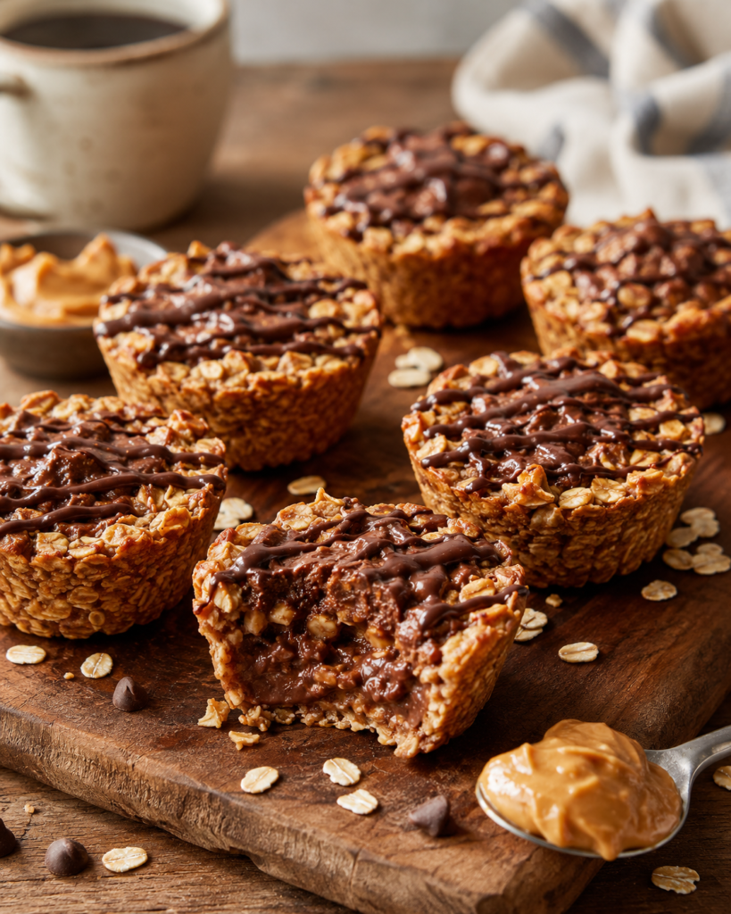 Chocolate oat peanut butter cups arranged on a wooden board with one opened to reveal the soft chocolate filling.