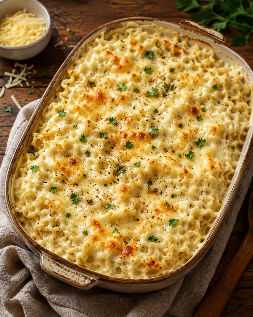 Creamy ramen noodle casserole baked with white sauce and melted cheese until golden and bubbly.