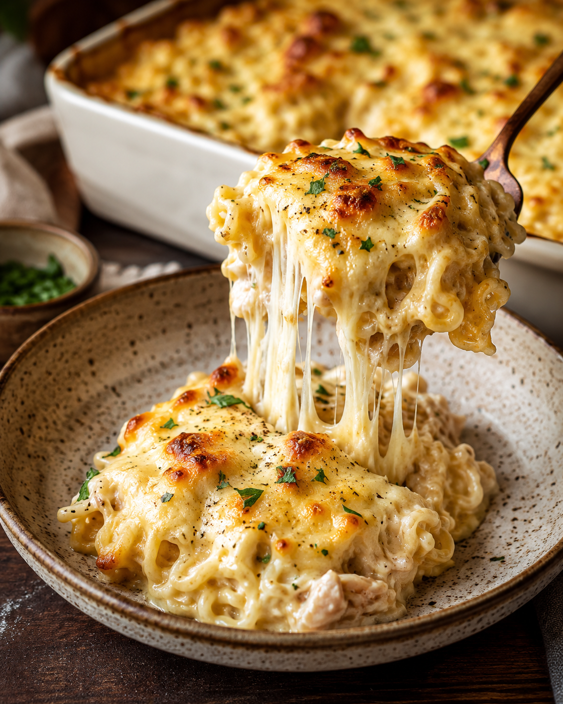 A serving of cheesy white sauce ramen bake lifted from the dish with long strands of melted cheese.