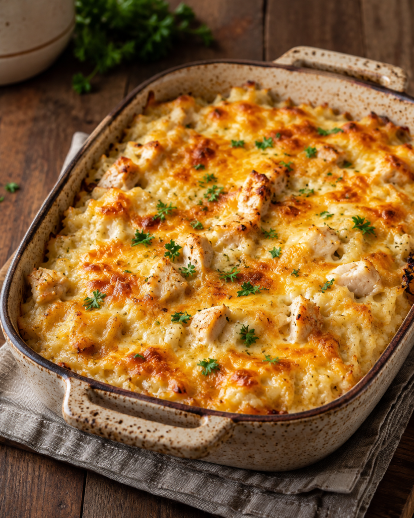 Baked cheesy chicken rice toast casserole in a rustic baking dish with golden melted cheese and parsley on top.