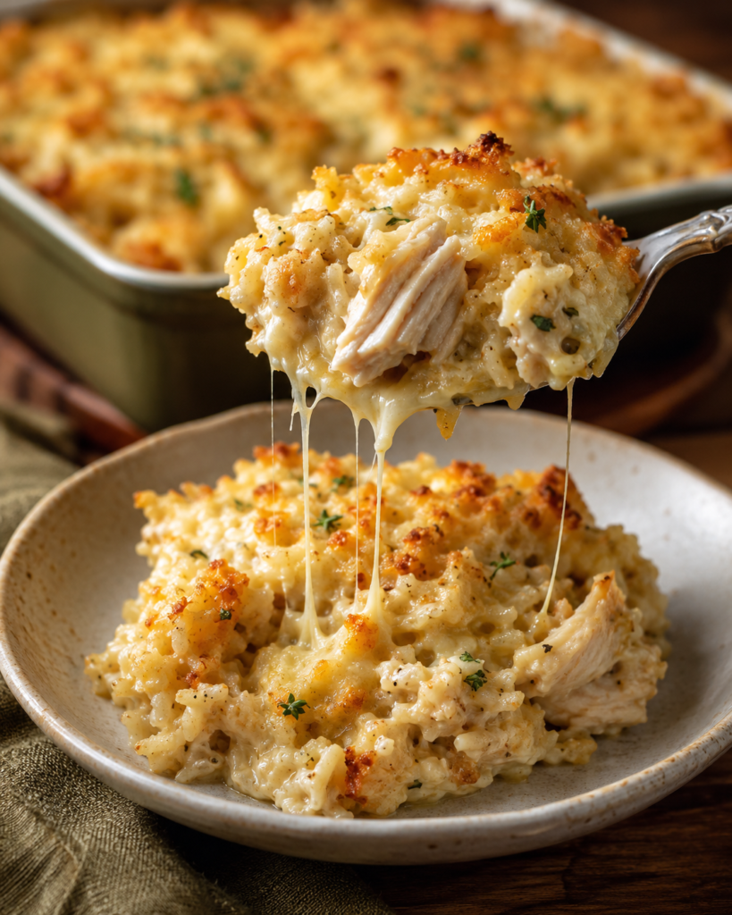 Close-up serving of cheesy chicken rice toast casserole with tender chicken, creamy rice, and melted cheese stretching from the spoon.