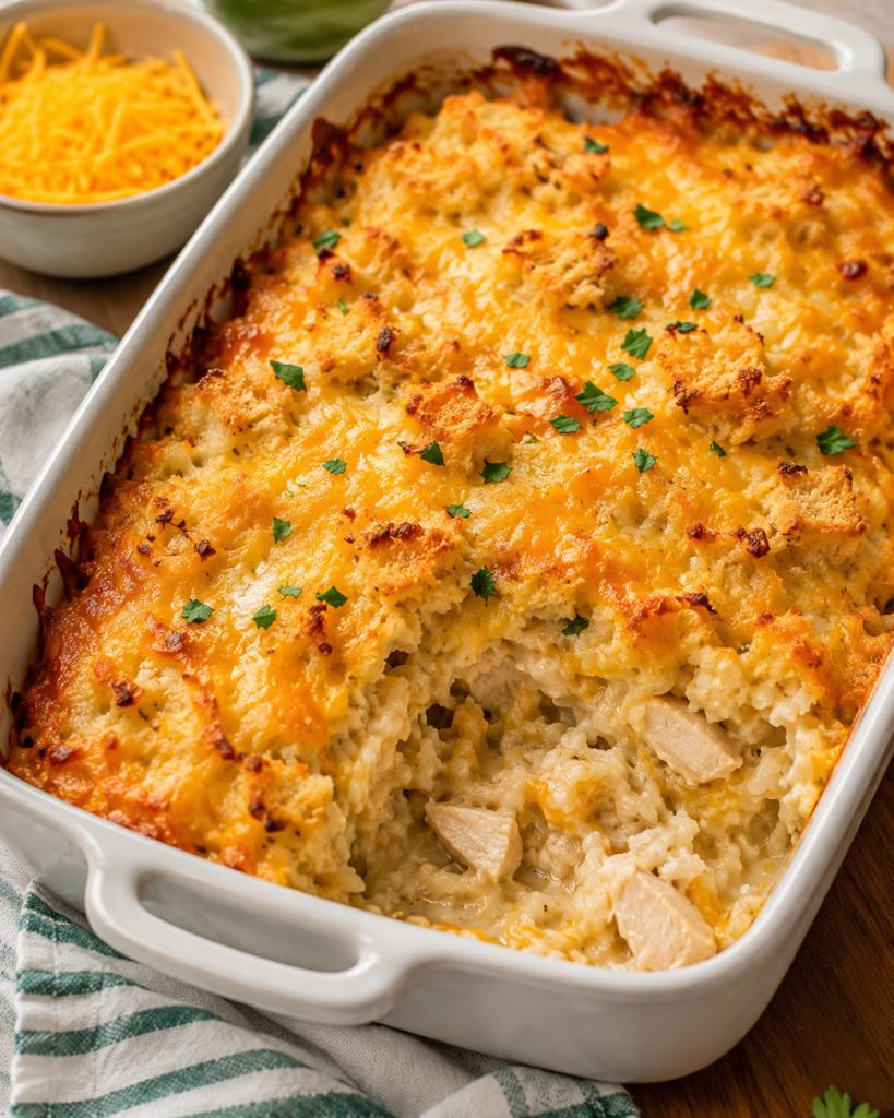 White baking dish filled with cheesy chicken rice toast casserole topped with golden cheese and toasted bread pieces.