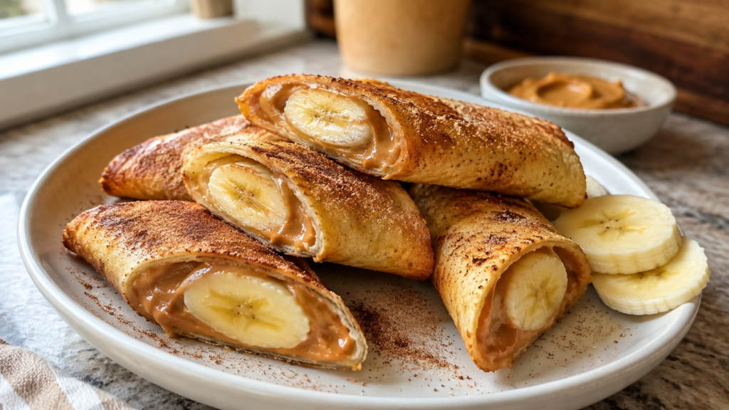 Air fryer peanut butter banana roll ups sliced on a plate with cinnamon sugar and banana pieces nearby.