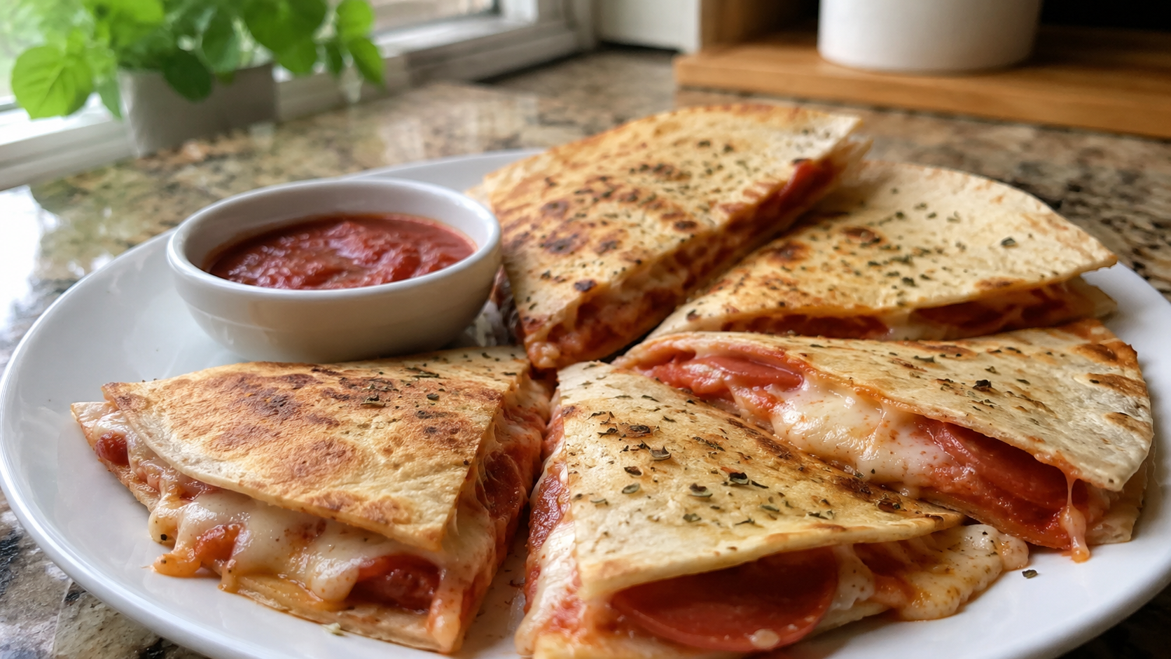 Crispy pizza quesadillas sliced into wedges with melted cheese, pepperoni, and pizza sauce for dipping.
