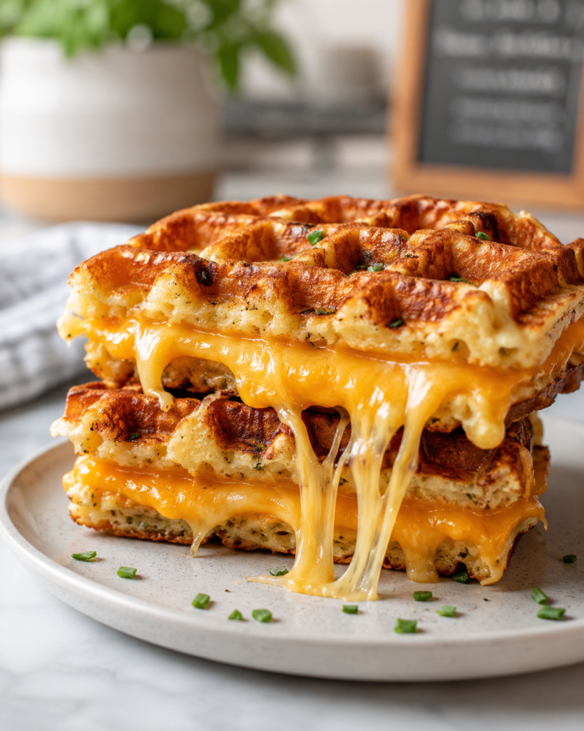 Savory waffle grilled cheese stacks filled with melted cheddar cheese and served warm on a plate.