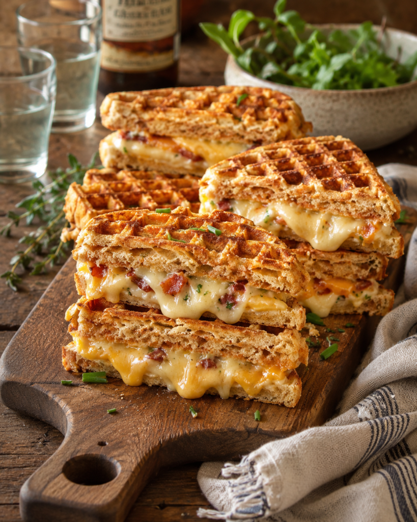 Crispy waffle sandwiches stacked with melted cheese and served as an easy lunch or snack.