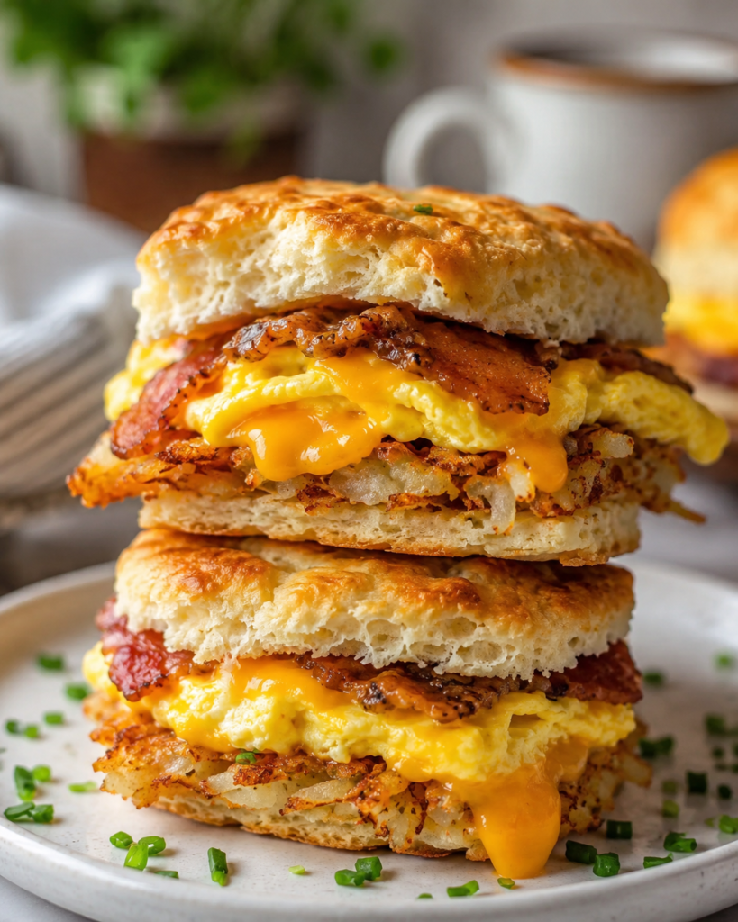 Stacked breakfast biscuit hash brown melts with egg, bacon, crispy hash browns, and melted cheddar cheese.