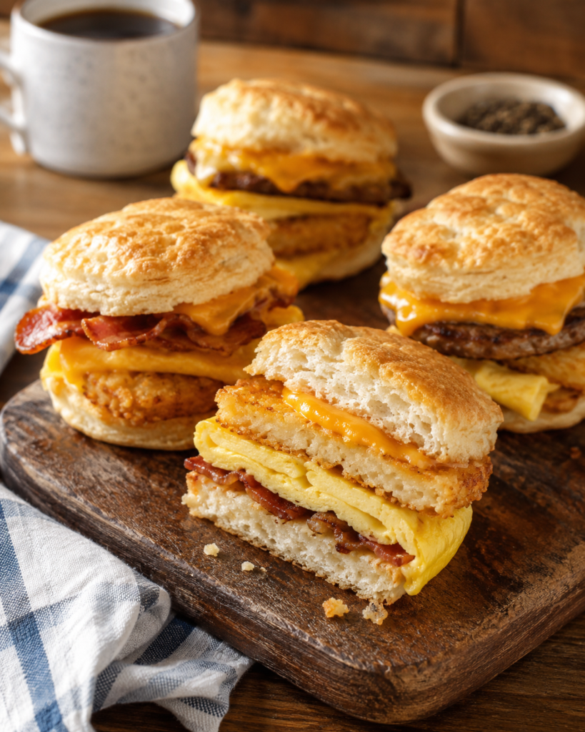 Breakfast biscuit sandwiches with hash browns, eggs, cheese, and bacon arranged on a rustic wooden board.