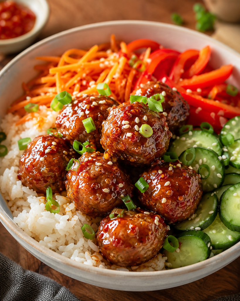 Sweet chili glazed meatballs served over white rice with sliced cucumbers, shredded carrots, and red bell peppers.