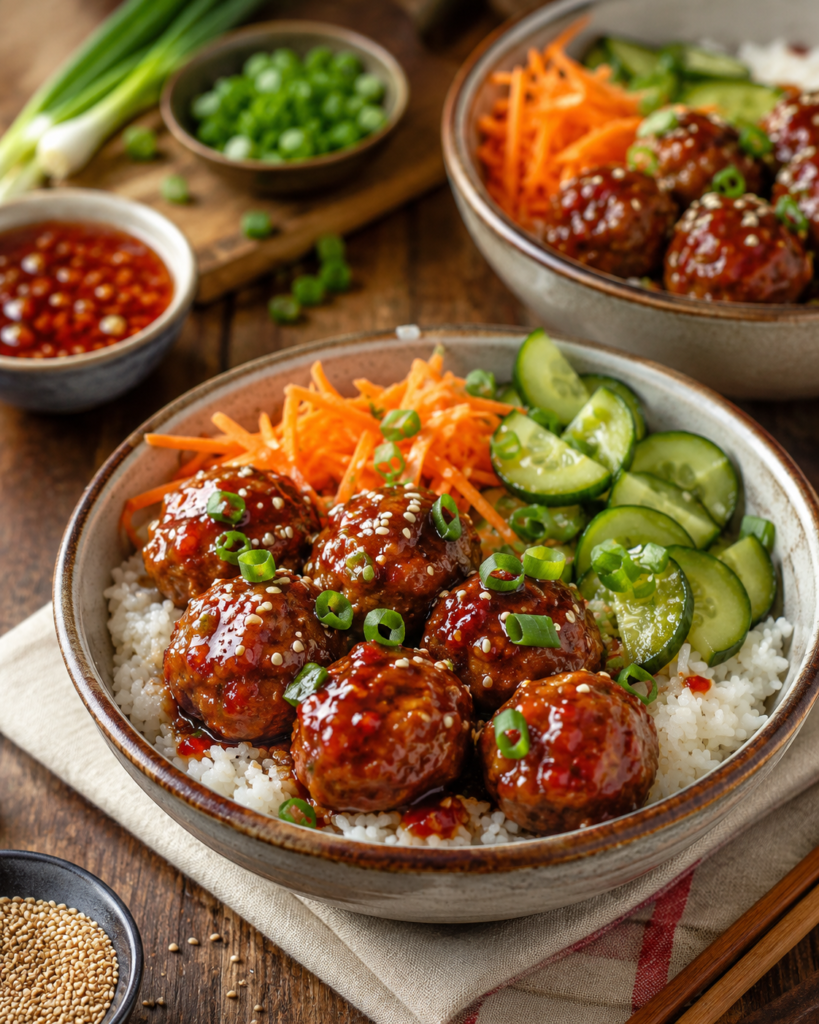 Sweet chili meatball rice bowl with cucumbers, carrots, sesame seeds, and green onions on a rustic table.
