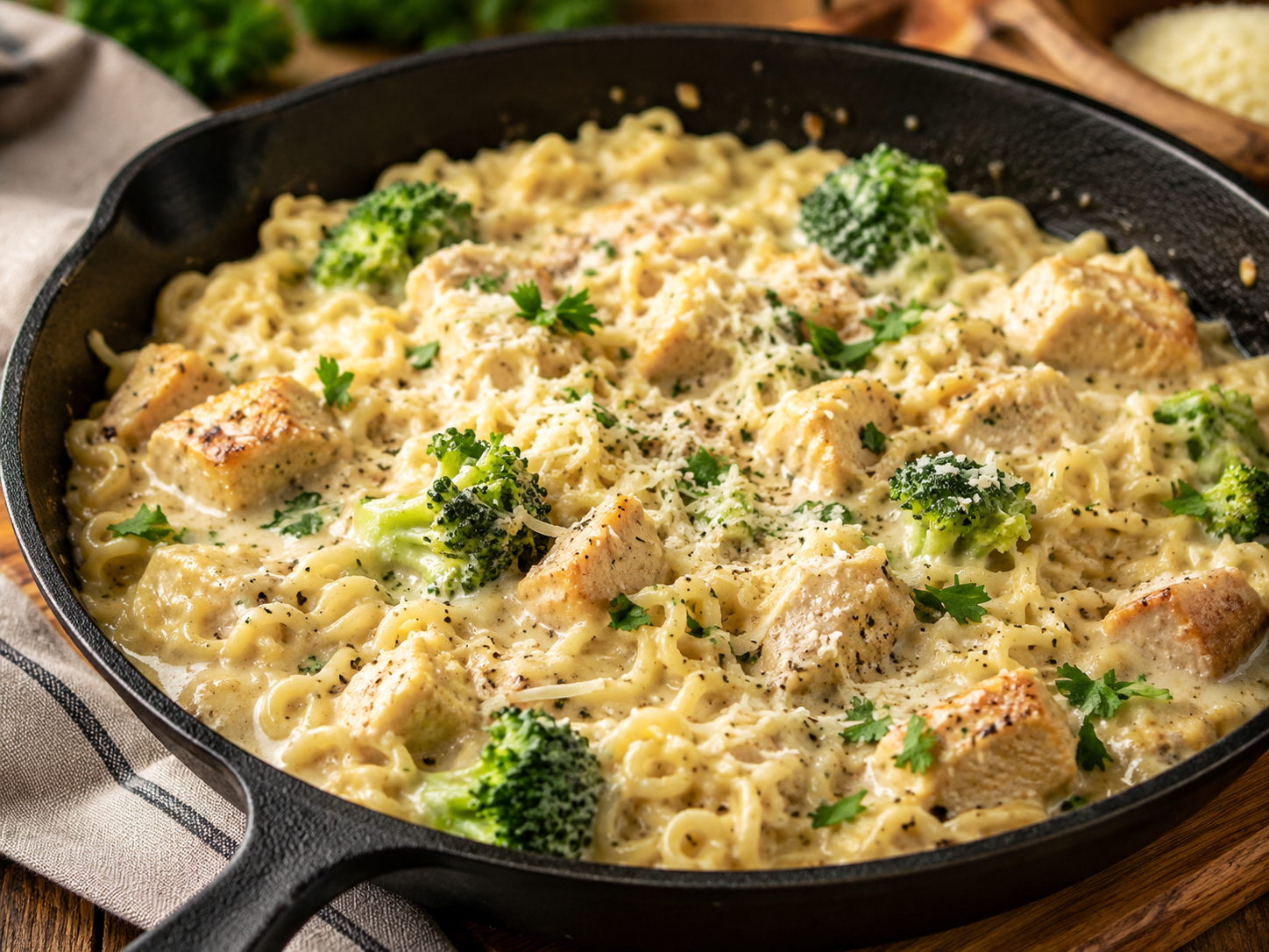 Creamy ramen Alfredo skillet with chicken, broccoli, Parmesan cheese, parsley, and black pepper.